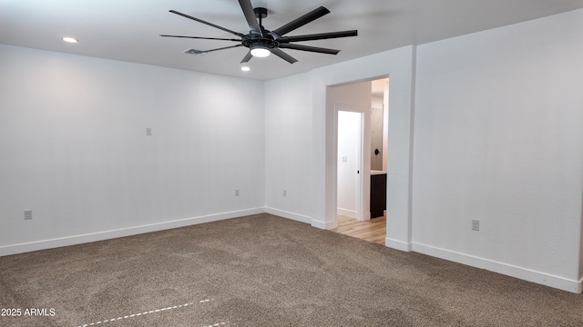 unfurnished room with carpet, ceiling fan, recessed lighting, and baseboards
