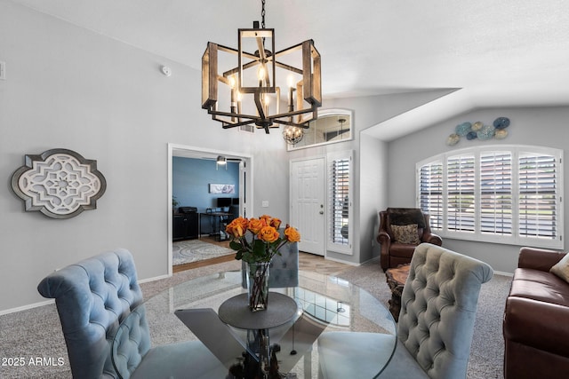 2111 E Rawhide St, Gilbert, AZ 85296 - dining space featuring a chandelier, vaulted ceiling, and carpet flooring