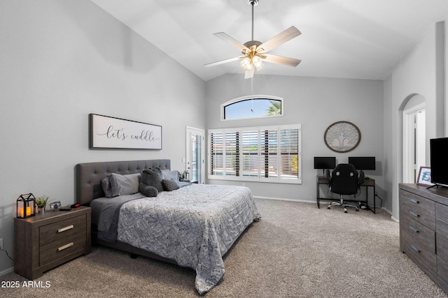 2111 E Rawhide St, Gilbert, AZ 85296 - bedroom featuring a desk, carpet floors, high vaulted ceiling, and ceiling fan