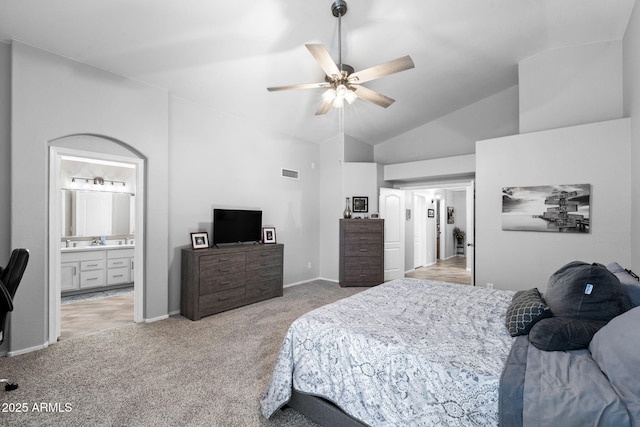 2111 E Rawhide St, Gilbert, AZ 85296 - bedroom with light colored carpet, high vaulted ceiling, ensuite bathroom, and ceiling fan