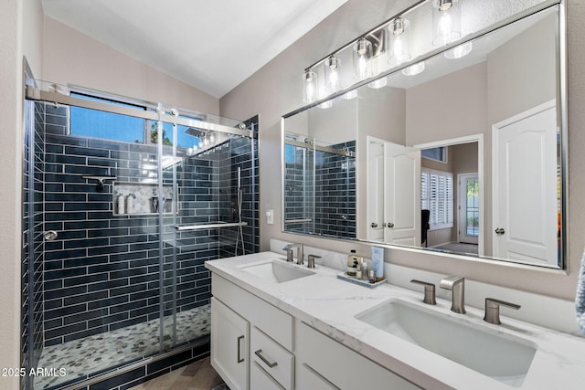 2111 E Rawhide St, Gilbert, AZ 85296 - full bath featuring vaulted ceiling, double vanity, and a shower stall
