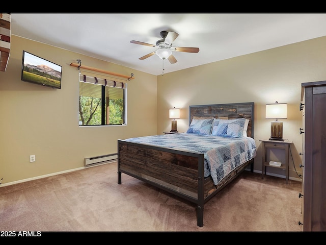 6869 W Ute Trl, Pine, AZ 85544 - bedroom with a baseboard radiator, carpet, baseboards, and a ceiling fan