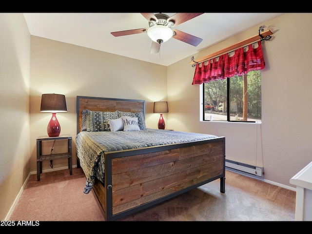 6869 W Ute Trl, Pine, AZ 85544 - bedroom with a baseboard heating unit, light colored carpet, baseboards, and a ceiling fan