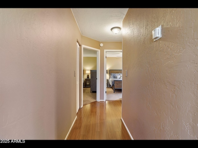 6869 W Ute Trl, Pine, AZ 85544 - hallway featuring a textured wall, light wood-style floors, baseboards, and a textured ceiling