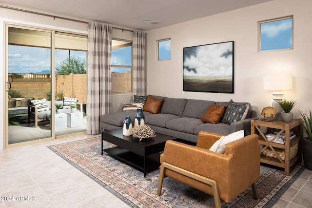 living room with light tile floors and a healthy amount of sunlight