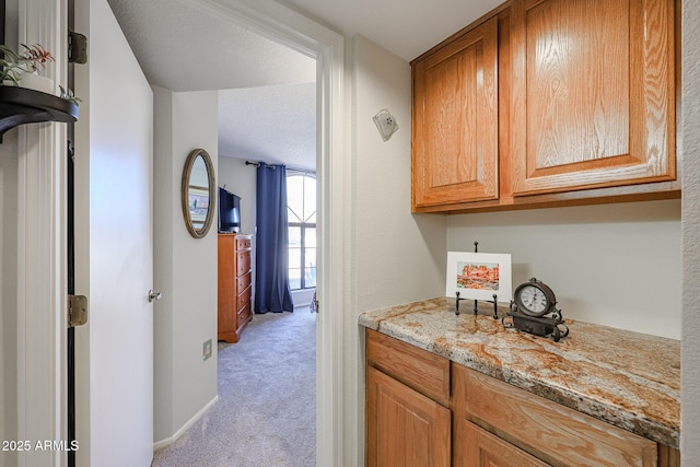 interior space featuring light stone countertops and light colored carpet