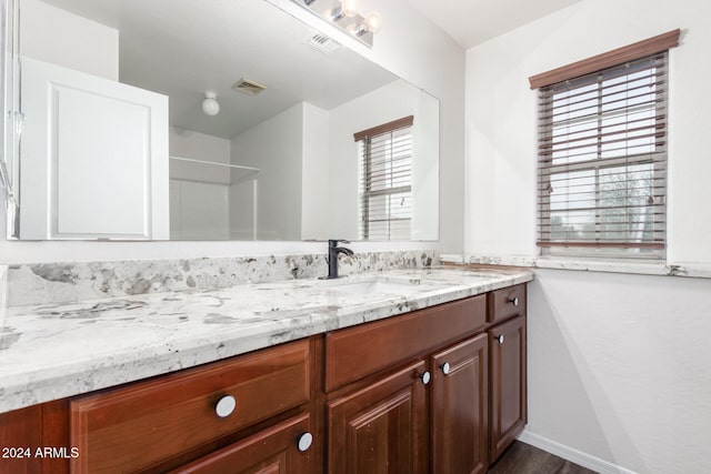 bathroom with a shower, vanity, and hardwood / wood-style flooring