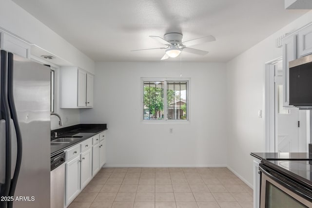 1515 N Saguaro Dr, Tempe, AZ 85288 - kitchen featuring appliances with stainless steel finishes, a sink, a ceiling fan, dark countertops, and white cabinetry