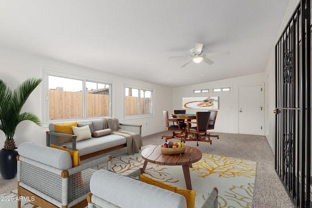1515 N Saguaro Dr, Tempe, AZ 85288 - living area with ceiling fan, carpet floors, and vaulted ceiling