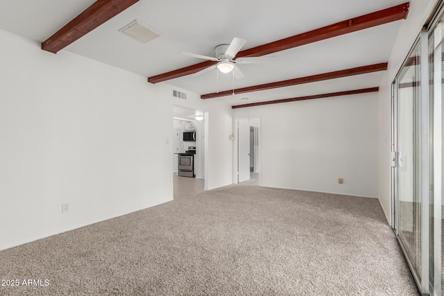 1515 N Saguaro Dr, Tempe, AZ 85288 - unfurnished living room featuring beamed ceiling, light colored carpet, and a ceiling fan