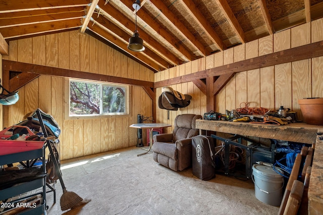 miscellaneous room with lofted ceiling and wooden walls