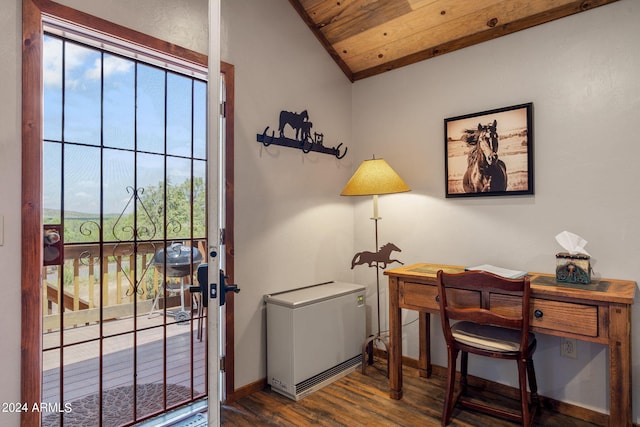 office featuring a healthy amount of sunlight, vaulted ceiling, wooden ceiling, and dark wood-type flooring