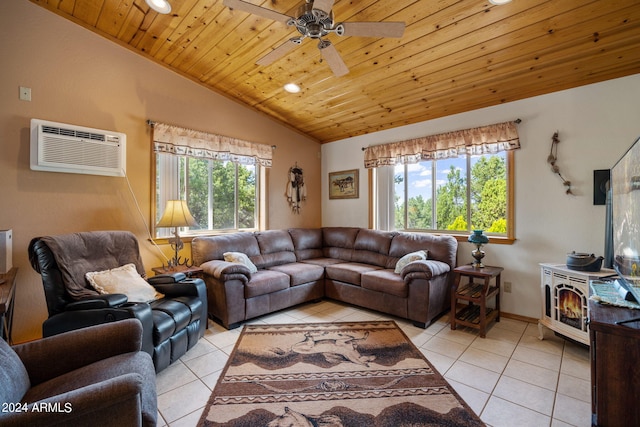 living room with lofted ceiling, a wealth of natural light, a wall unit AC, and ceiling fan