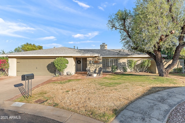 ranch-style home featuring a front lawn, stucco siding, driveway, a chimney, and an attached garage