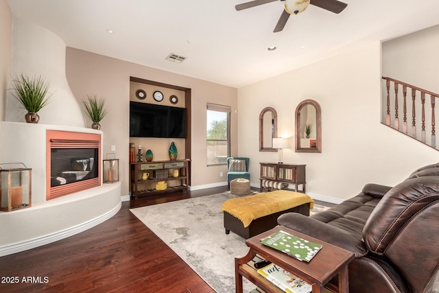 9753 E Suncrest Rd, Scottsdale, AZ 85262 - living area with dark wood-type flooring, ceiling fan, baseboards, and recessed lighting