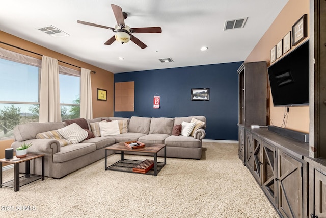 9753 E Suncrest Rd, Scottsdale, AZ 85262 - carpeted living room featuring a ceiling fan, recessed lighting, and baseboards