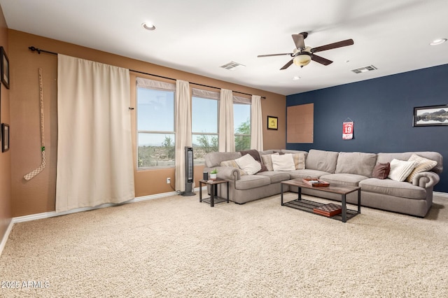 9753 E Suncrest Rd, Scottsdale, AZ 85262 - carpeted living room featuring ceiling fan, baseboards, and recessed lighting