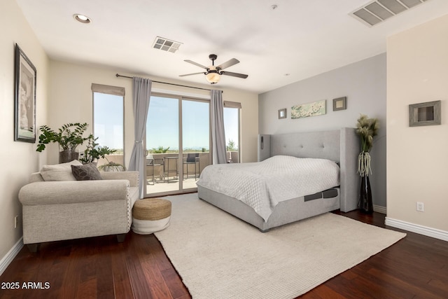 9753 E Suncrest Rd, Scottsdale, AZ 85262 - bedroom featuring access to outside, baseboards, wood finished floors, recessed lighting, and a ceiling fan