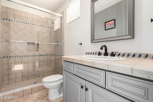 9753 E Suncrest Rd, Scottsdale, AZ 85262 - bathroom with vanity, toilet, a shower stall, and tile patterned floors