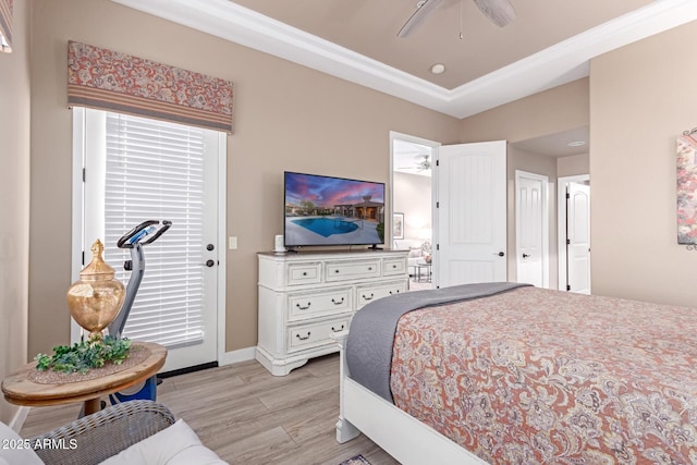 bedroom with baseboards, access to outside, ceiling fan, and light wood finished floors