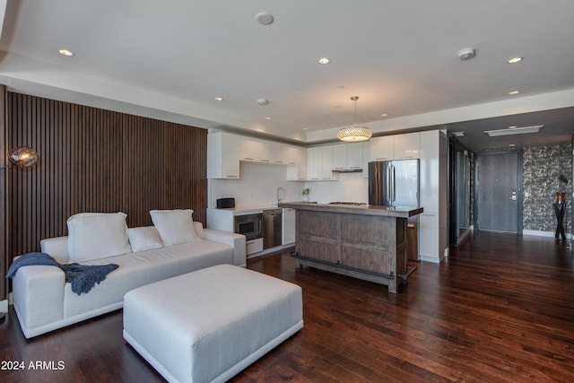 living room featuring dark wood-type flooring and sink