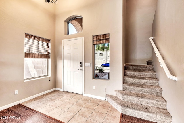 foyer featuring a high ceiling and hardwood / wood-style flooring