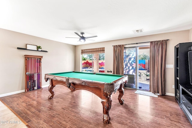 game room featuring ceiling fan, pool table, and hardwood / wood-style floors