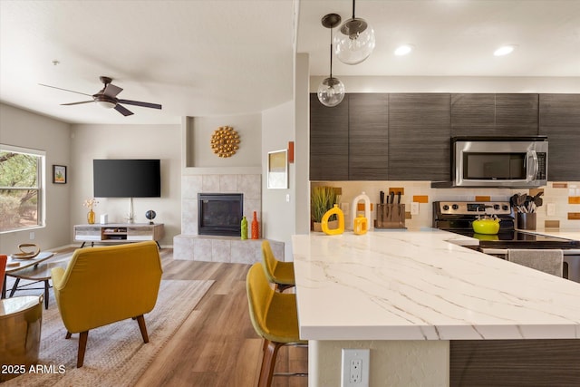 19700 N 76th St Unit 1038, Scottsdale, AZ 85255 - kitchen with appliances with stainless steel finishes, light wood-type flooring, ceiling fan, decorative light fixtures, and backsplash