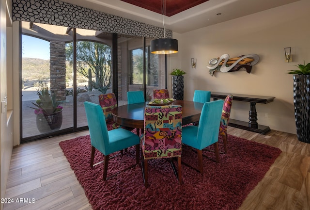 dining area featuring light hardwood / wood-style flooring, a raised ceiling, and a wealth of natural light