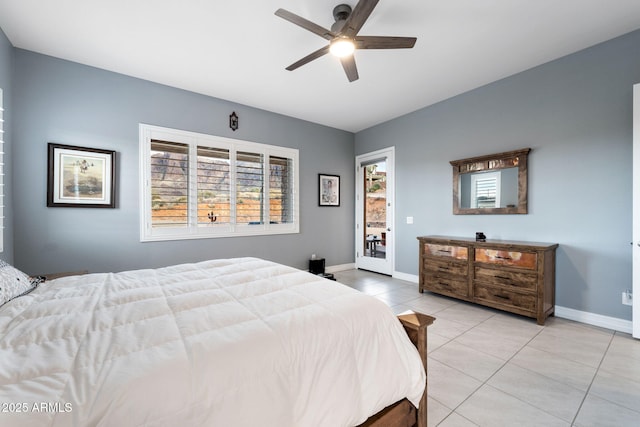 tiled bedroom featuring ceiling fan and access to exterior