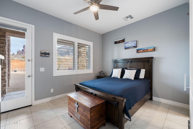 tiled bedroom featuring access to outside and ceiling fan