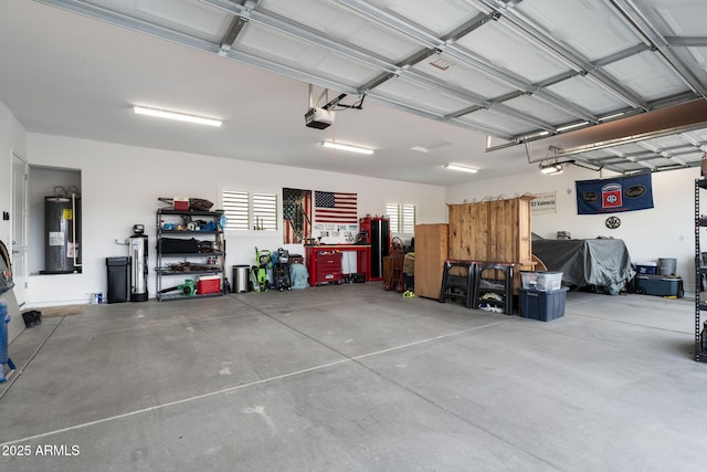 garage featuring a garage door opener and electric water heater