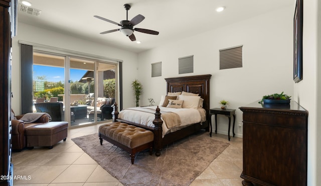 tiled bedroom featuring ceiling fan and access to exterior