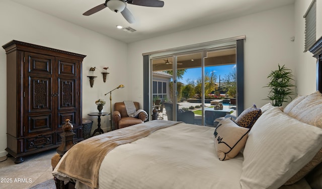 tiled bedroom featuring ceiling fan and access to outside