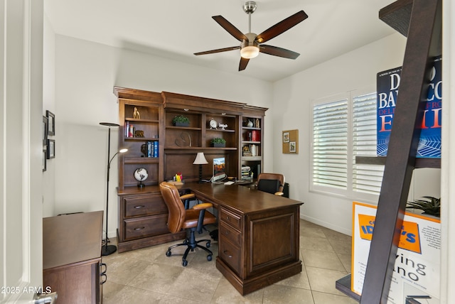 tiled office with ceiling fan