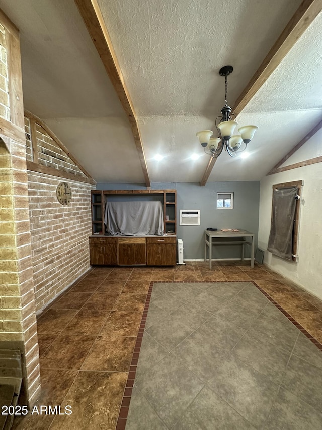 additional living space with an inviting chandelier, brick wall, a textured ceiling, and vaulted ceiling with beams