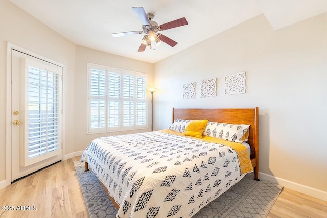 bedroom featuring ceiling fan and light wood-type flooring