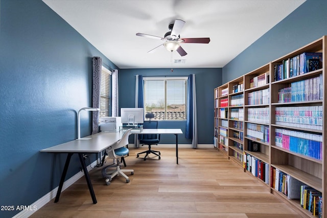 home office featuring ceiling fan, visible vents, baseboards, and wood finished floors