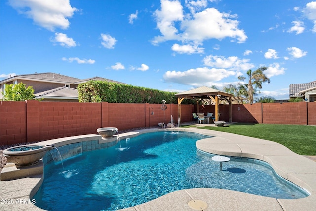 view of swimming pool featuring a gazebo, a yard, a fenced backyard, and a patio