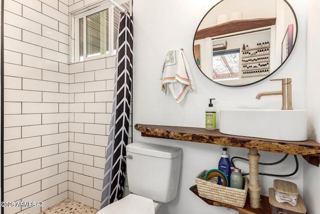 bathroom featuring toilet, plenty of natural light, a shower stall, and a sink