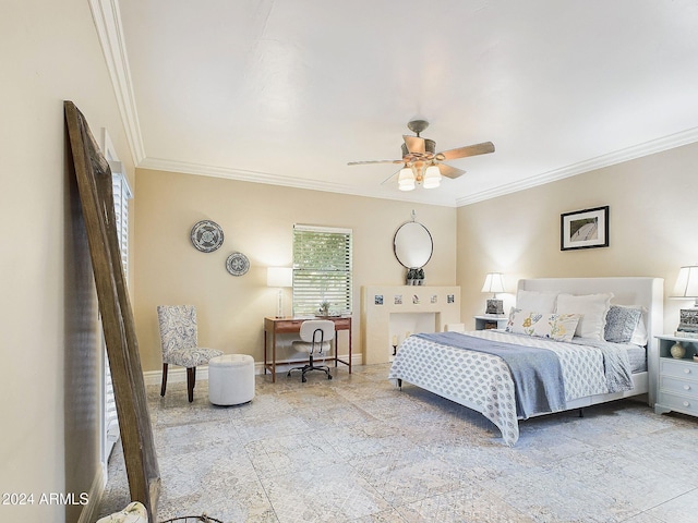 bedroom featuring ornamental molding and ceiling fan