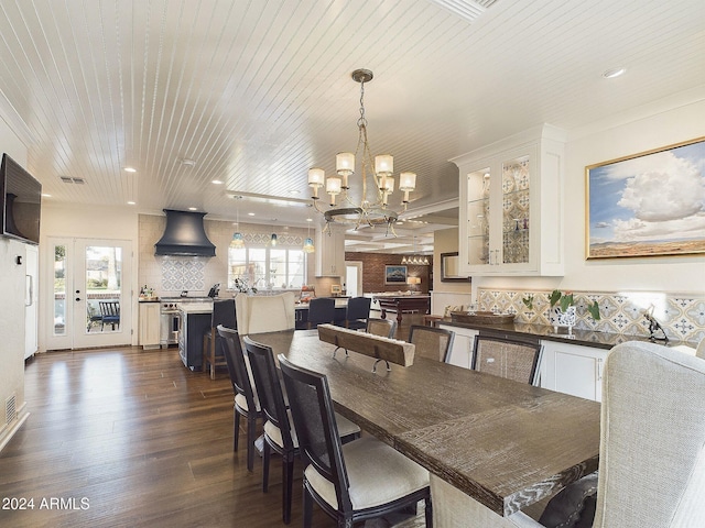 dining space with dark hardwood / wood-style floors, wood ceiling, and a chandelier