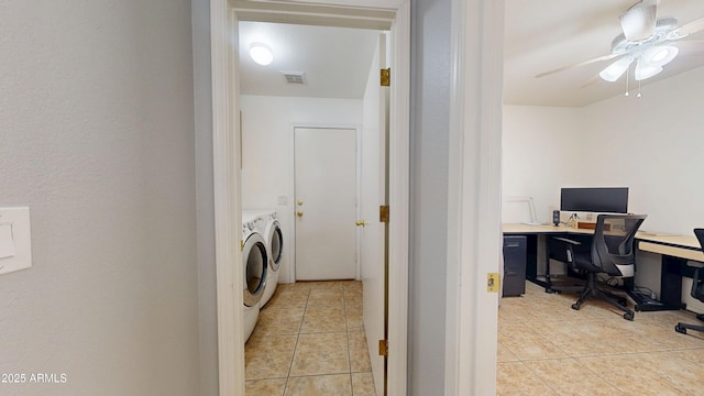 884 W 15th Ave, Apache Junction, AZ 85120 - clothes washing area featuring independent washer and dryer, light tile patterned flooring, ceiling fan, and an office area