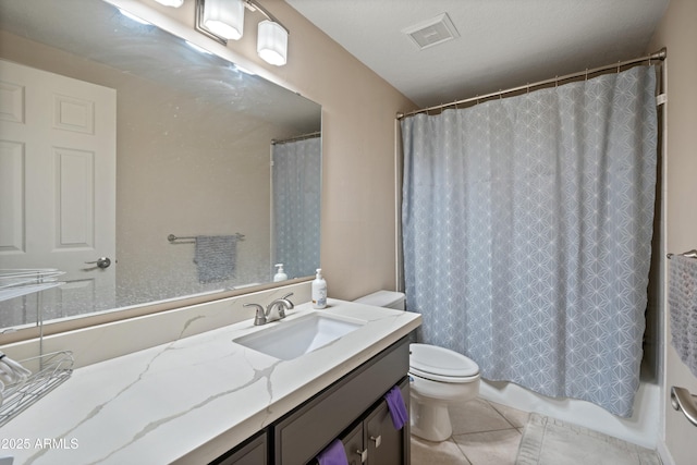 full bathroom featuring shower / tub combo with curtain, tile patterned flooring, vanity, a textured ceiling, and toilet