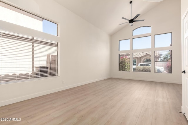 8928 E Crescent Ave, Mesa, AZ 85208 - unfurnished room featuring high vaulted ceiling, light wood-style floors, ceiling fan, and baseboards