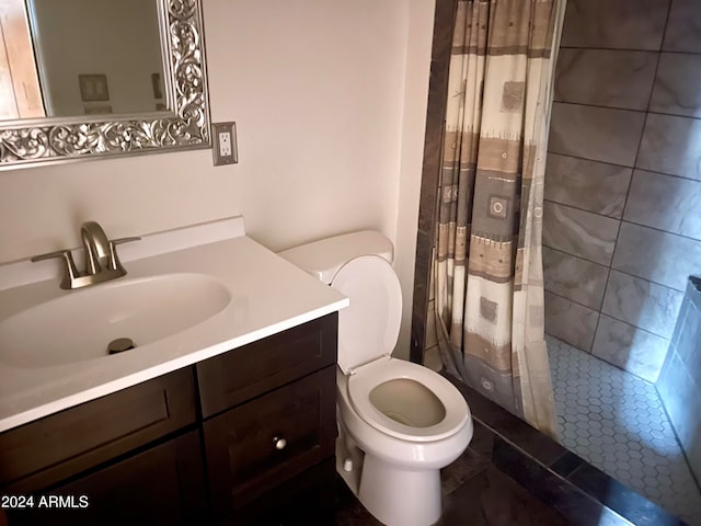 bathroom featuring toilet, vanity, and a shower with curtain