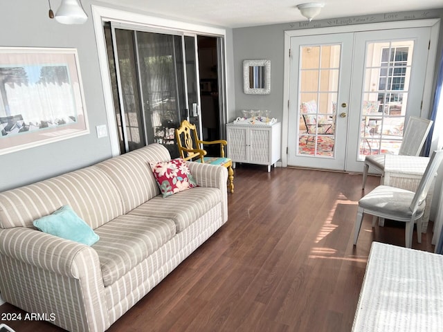 living room featuring dark hardwood / wood-style floors and french doors