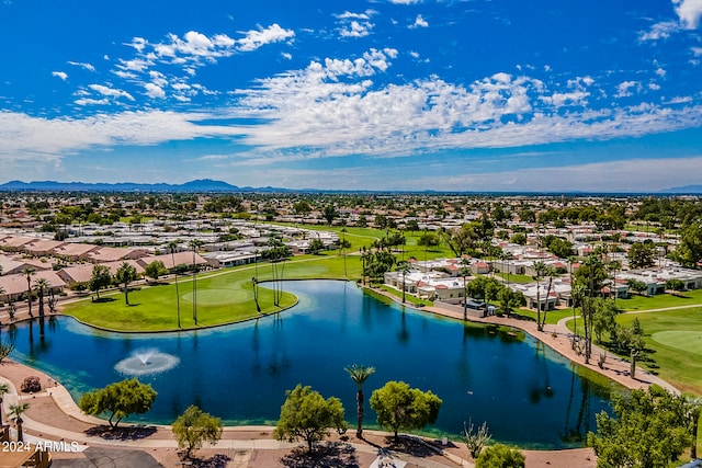 bird's eye view with a water and mountain view