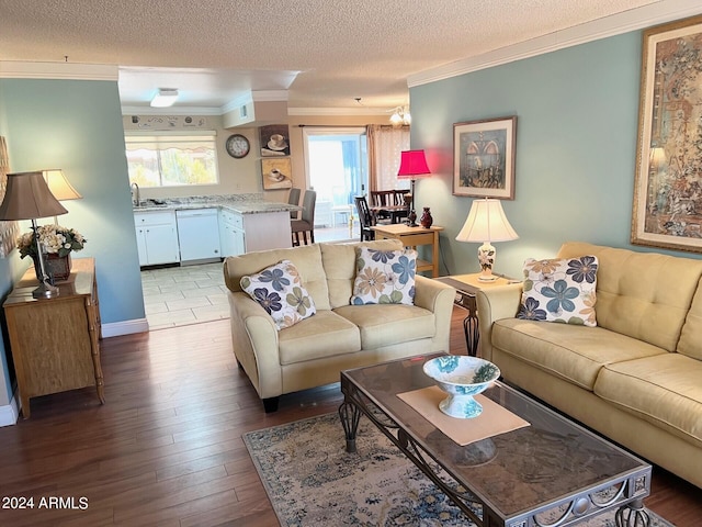 living room featuring light wood-type flooring, a textured ceiling, and crown molding