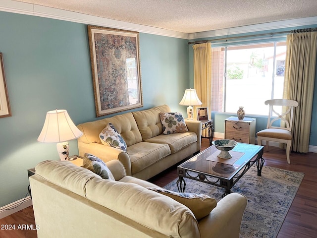 living room featuring a textured ceiling, hardwood / wood-style floors, and crown molding